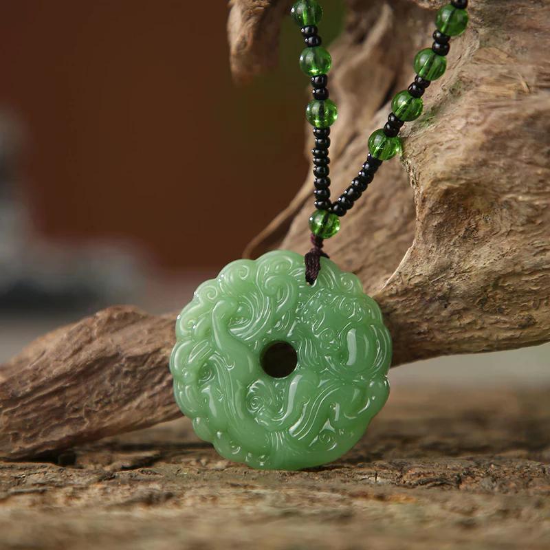 Fashionable green jade hand carved dragon hollow jade pendant necklace talisman lucky jewelry gift