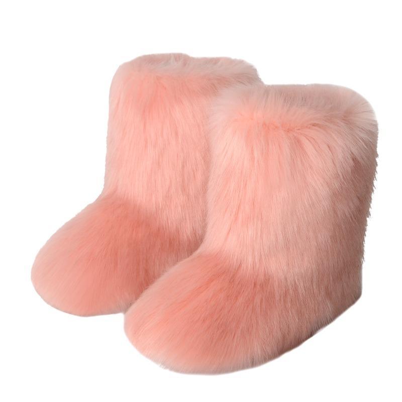 Flat heel high top warm winter furry boots deep mouth round head medium tube imitation fox fur snow boots women
