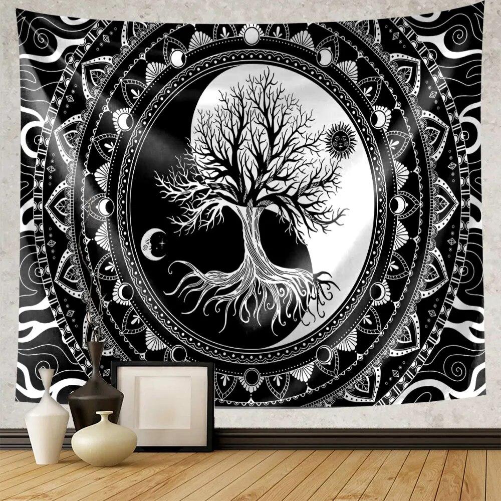 Green Tree of Life Tapestry Hippie Psychedelic Sun and Moon Wall Hanging Witchcraft Aesthetic Home Decoration Background