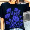 Blue On Black Floral Design T-Shirt | Modern Raninculus Womens Gift Tee