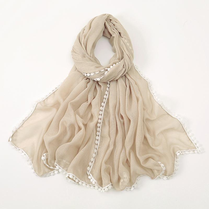 Winter Plain Solid Lace Chain Pom Pom Viscose Shawls Scarf Lady High Quality Wrap Pashmina Stole Bufandas Muslim Hijab 180*90Cm