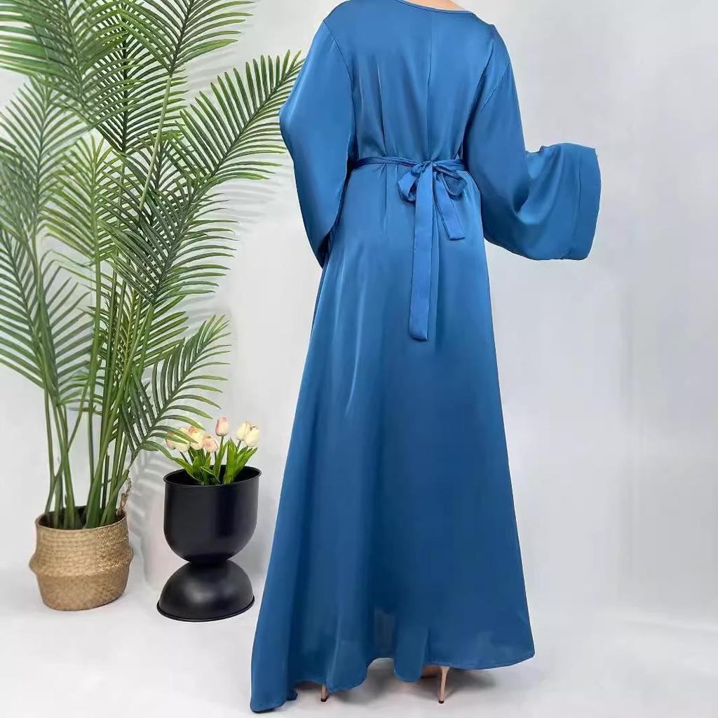 Rhinestone Waist Belt Satin Dress: Elegant Middle Eastern Abaya for Plus Size Women