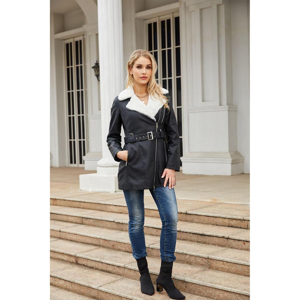 Long-sleeved plus velvet leather jacket women's lapel double-headed zipper belt warm jacket
