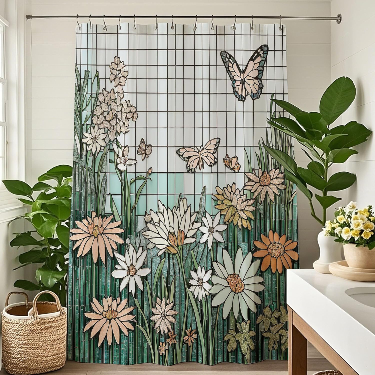 

Stained Glass Floral Butterfly Shower Curtain Set Abstract Geometric Aesthetic Daisy Spring Flower Shower Curtains Botanical Pla 160x180cm