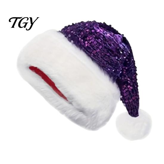 Cute Xmas Headgear for Family Christmas Sparkly Sequins Santa Hat Adults, Velvet Plush Glitter Bling Warm Winter Party Headwear with Fluffy Pompom New