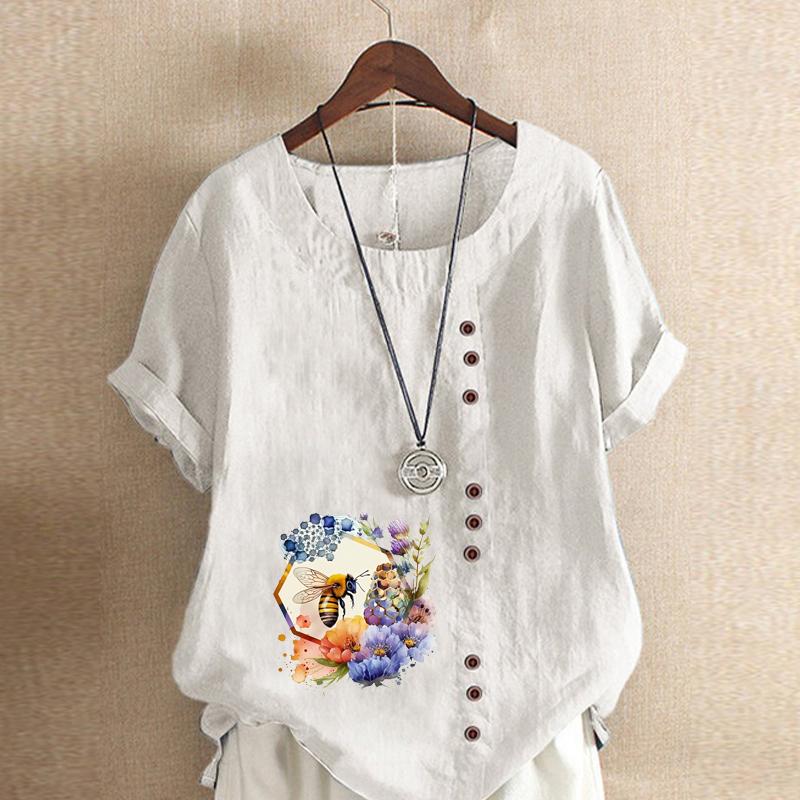 

Женская мода Пчелиные цветы Принт с коротким рукавом футболка свободная хлопковая рубашка повседневная свободная летняя блузка топы больших размеров 5XL белый