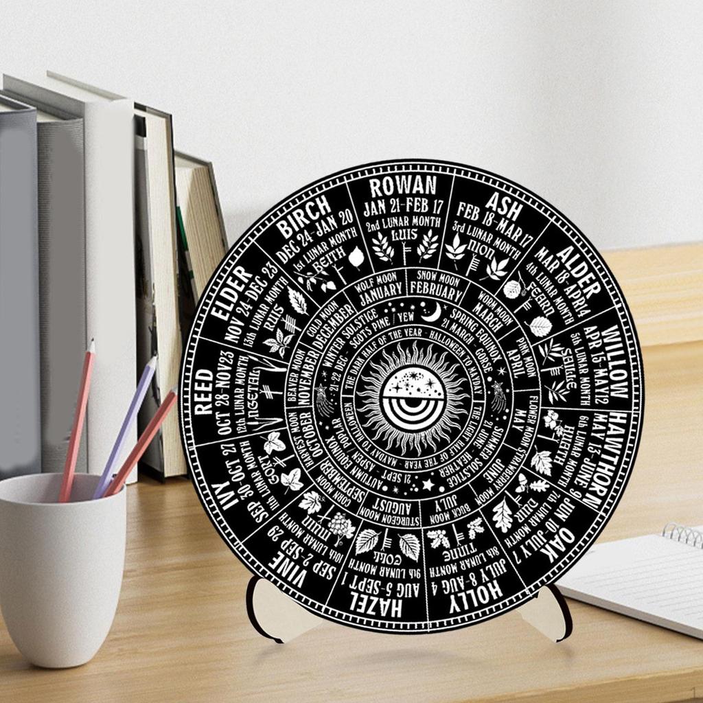 Calendar Dowsing Board Set,Round Chart Mat Sun Moon Altar Supplies Card Stand Wooden Engraving