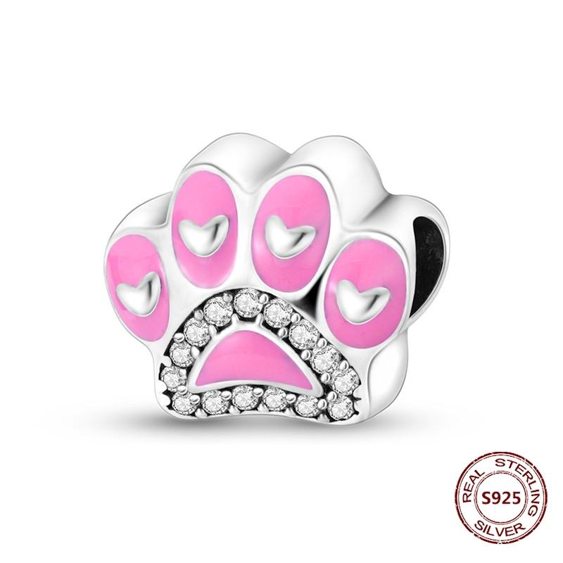 Copper Original Dog Cat Safety Chain Lazy Cat Pink Zircon Pet Paw Print Footprint Charms Fit Bracelet For Women Diy Jewelry