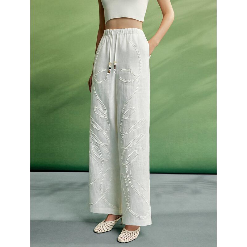 ELLE Women's Drawstring Linen Wide-Leg Pants