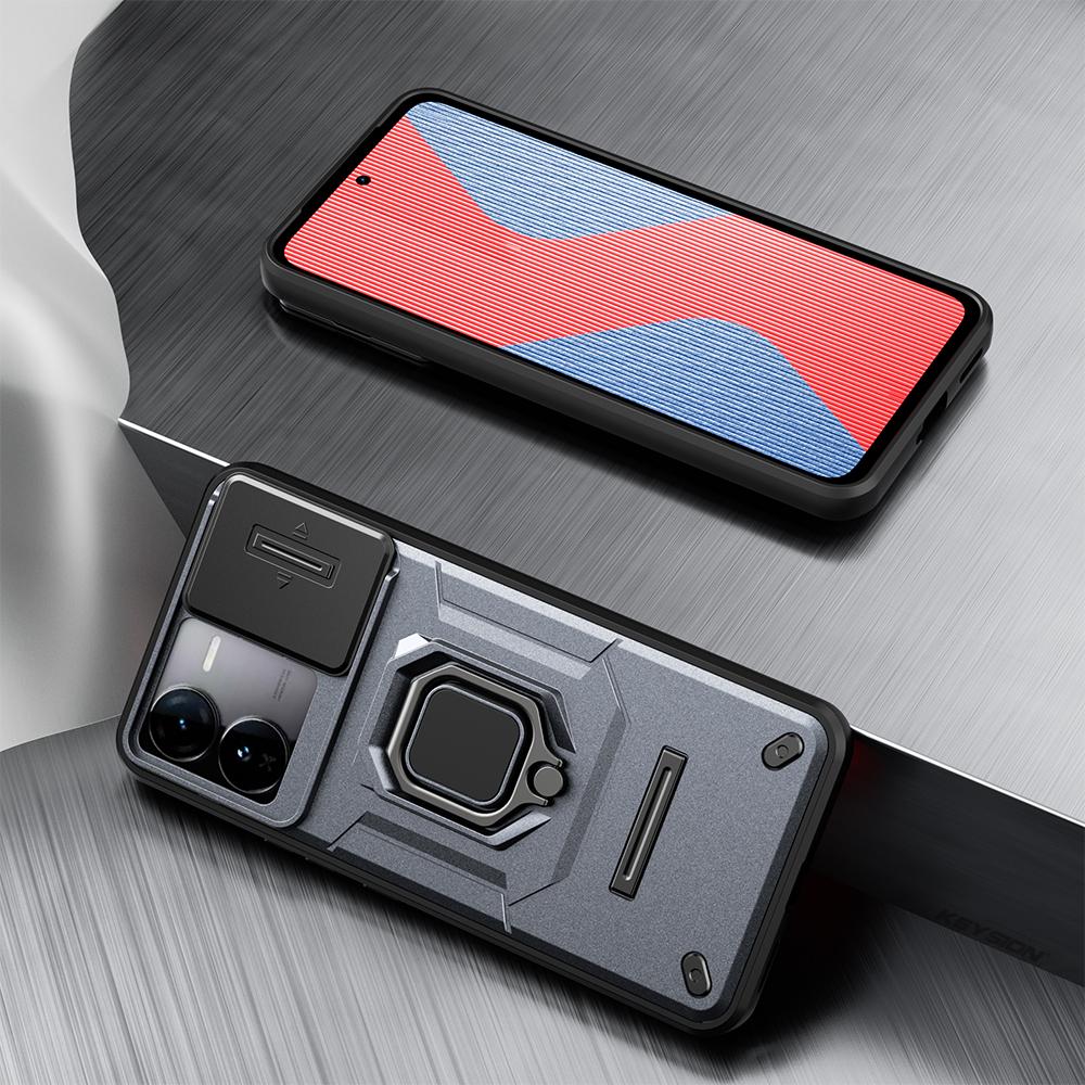 KEYSION Shockproof Case for IQOO Z9X 5G Slide Push Pull Camera Lens Protection Ring Stand Phone Back Cover for for VIVO IQOO Z9X