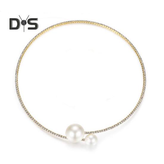 2Pcs/Set Women Elegant Jewelry Set Shiny Rhinestones Faux Pearls Adjustable Open Collar Necklace Bangle Set