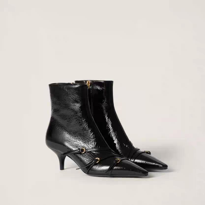 Modă Botine noi cu vârf ascuțit, toc subțire, cu toc înalt pentru femei, negre cu toc înalt, piele lăcuită, fermoar lateral, tendință botine slim