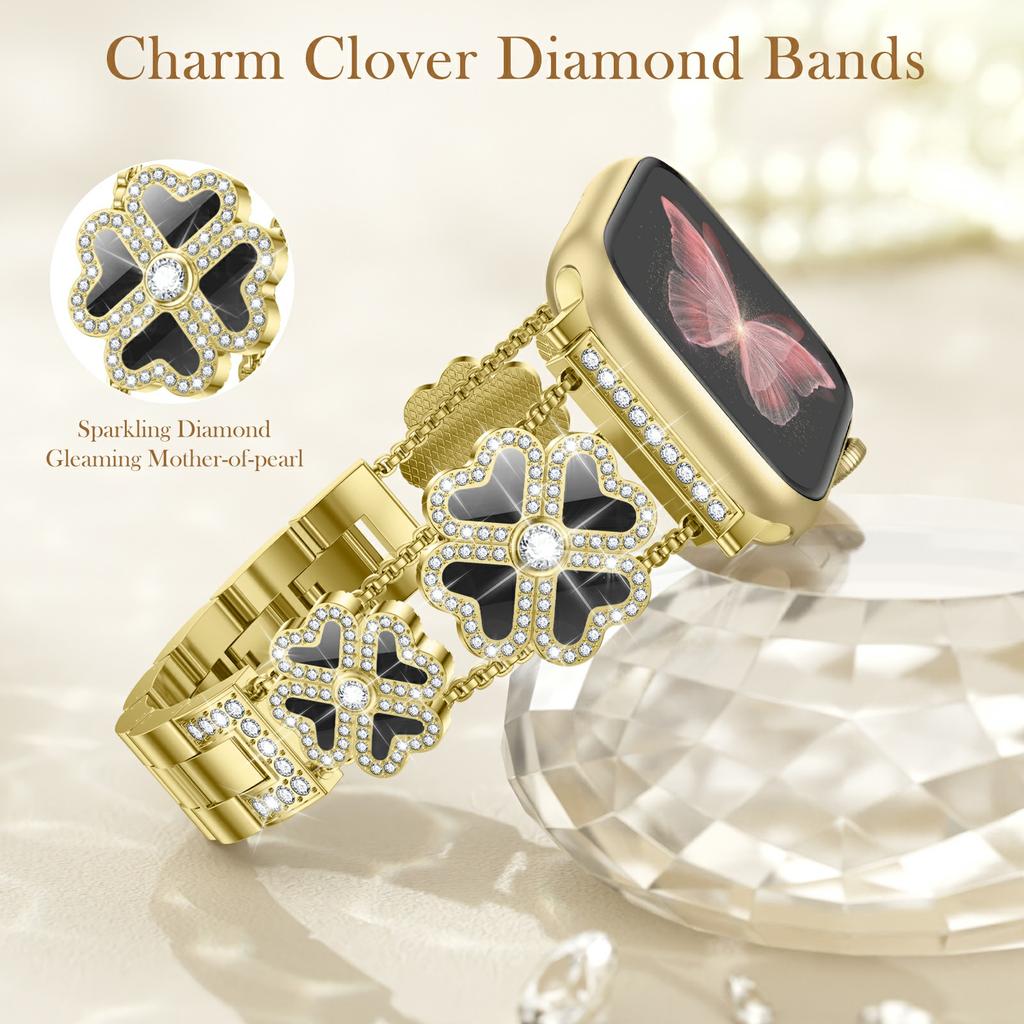 Metal Strap for Apple Watch Series 11 10 42mm/9 8 7 41mm/SE3 SE2 SE 6 5 4 40mm/3 2 1 38mm Heart Clover Rhinestone Decor Watch Band