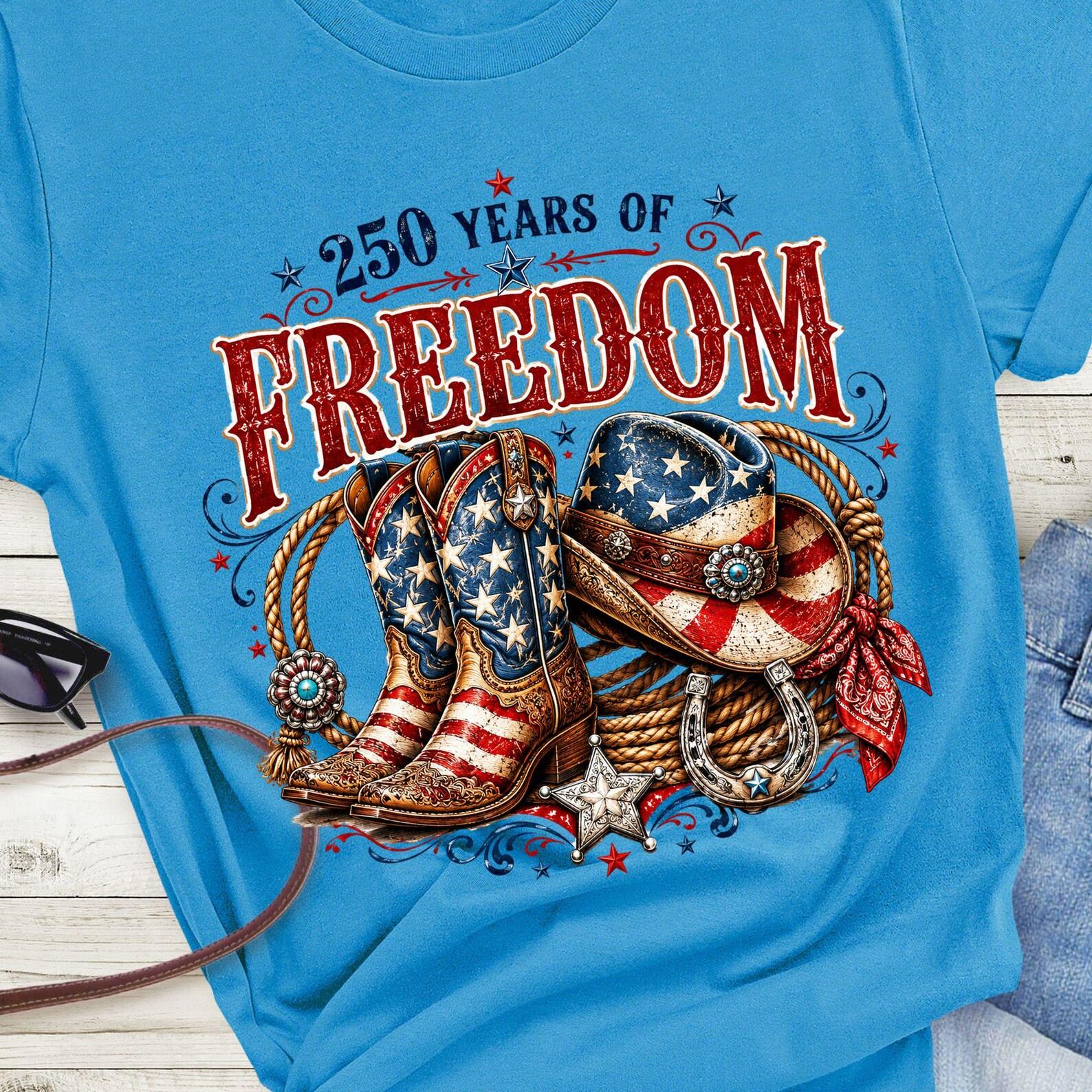 250 Years of Freedom patriotic boots and hat T-Shirt | American flag Western tee, country vibe, 8 colors 2XL