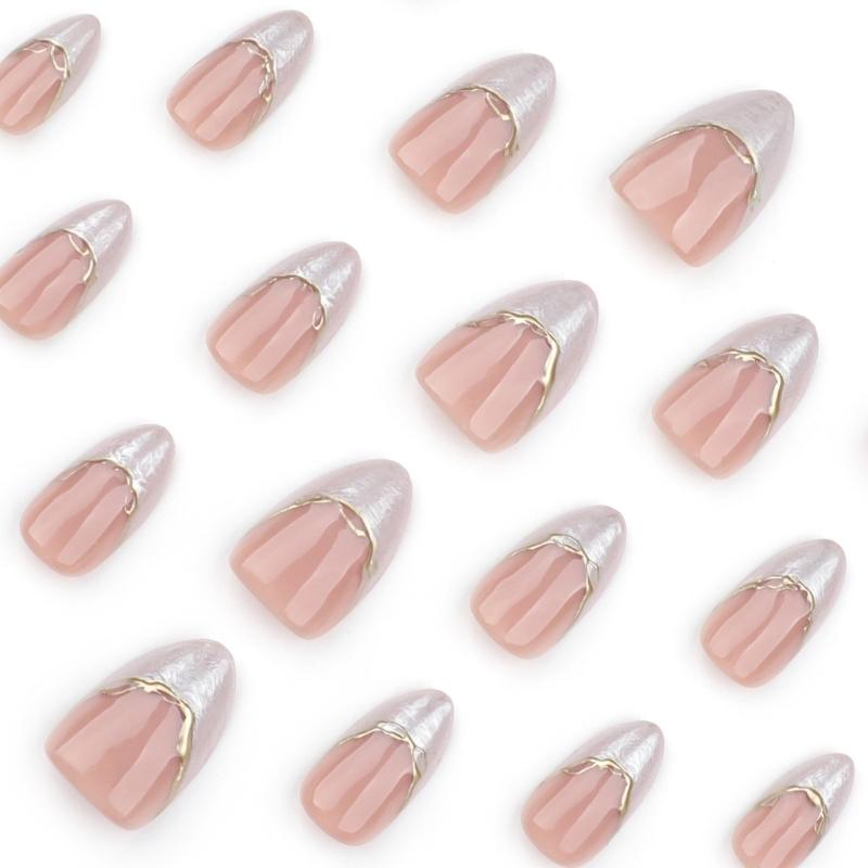 24 Pieces Short Almond Shape Press On Nail Glossy White French Tips with 3D Gold Line Decoration Artificial Nail