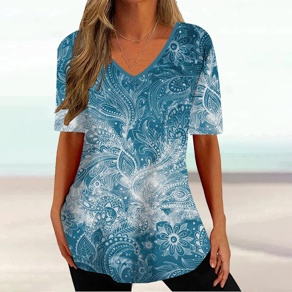 Harajuku Wind Ladies V-neck T-shirt Summer Outdoor Casual Short Sleeve Tops Retro Street Flower Print OverSize Women's Clothing