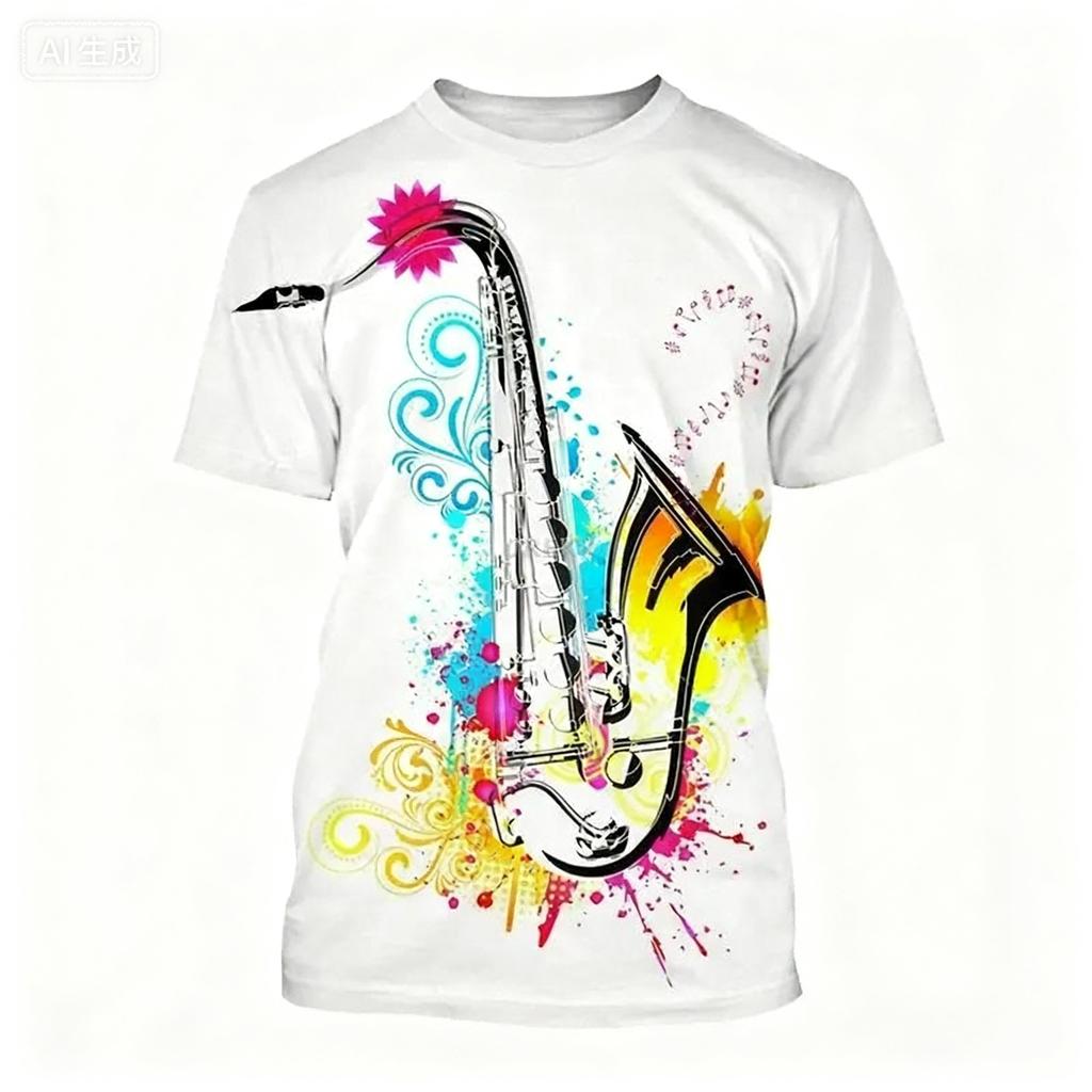 Summer Round Neck 3D Saxophone Pattern Print Top Fashionable Casual Short Sleeved Men's T-shirts