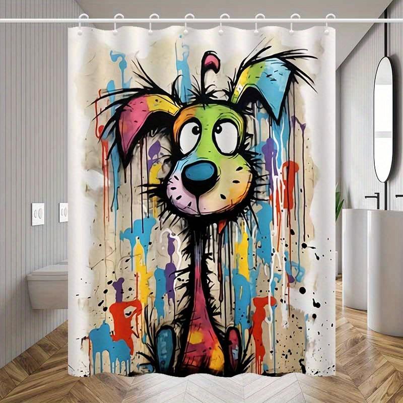 Süßer Bunter Hund Duschvorhang Abstrakte Gemalte Hunde Kunst Graffiti Stil Haustierliebhaber Dekor Wasserdichtes Gewebe Duschvorhang Set Zuhause