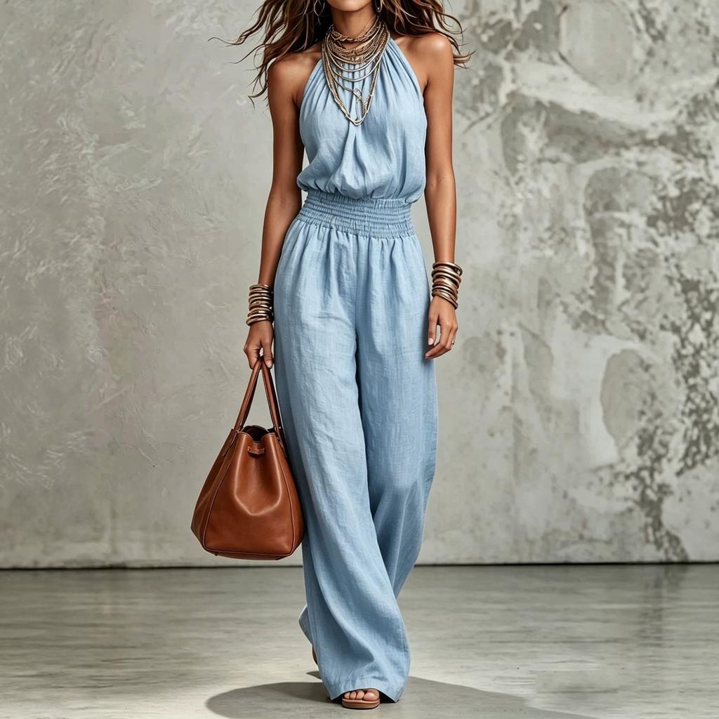 Mono de mujer con cuello halter sin mangas, cintura elástica, pierna ancha, casual de verano, color liso