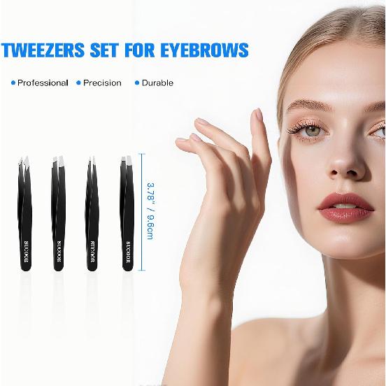 Tweezers for Women Facial Hair, 4Pcs Professional Beauty Tools Stainless Steel Precision Eyebrow Tweezers for Splinter Blackhead and Ingrown Hair