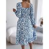 Fashion Women's Dresses Elegant Floral Square Neck Long Sleeve Waisted Ruffle A-line Dresses