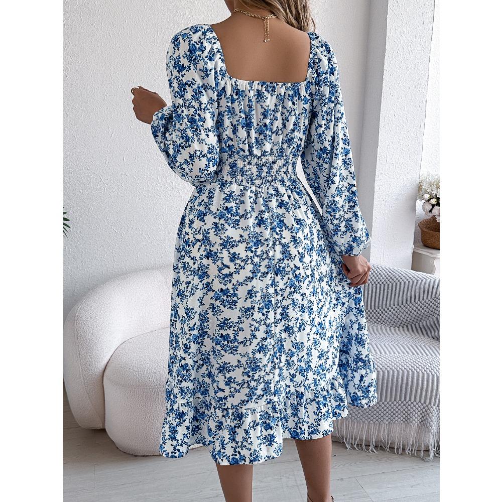 Fashion Women's Dresses Elegant Floral Square Neck Long Sleeve Waisted Ruffle A-line Dresses