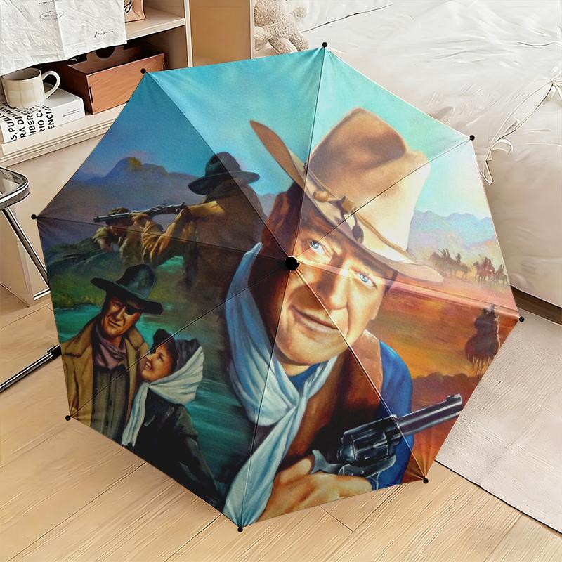 1pc John Wayne's Western Cowboy Trail Umbrella Portable Folding Umbrella Iron Frame Hole Bone Structure Outdoor Home Umbrella