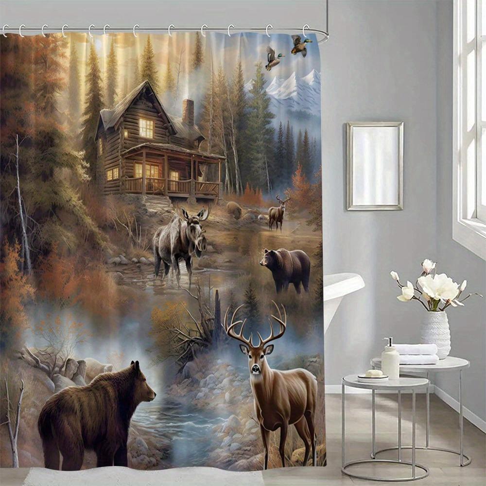Rustic Forest Wildlife Shower Curtain Bear Elk Deer Tranquil Autumn Scene Polyester With 12 Hooks Cabin-Themed Bathroom Decor