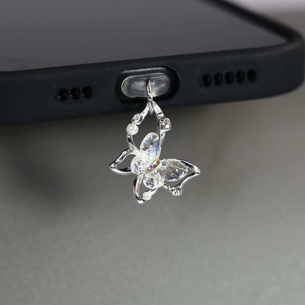 Mobile Phone Dust Plug Pendant New Butterfly With Artificial Pearls And Diamonds Accessory Decoration For IPhone Type-c Port