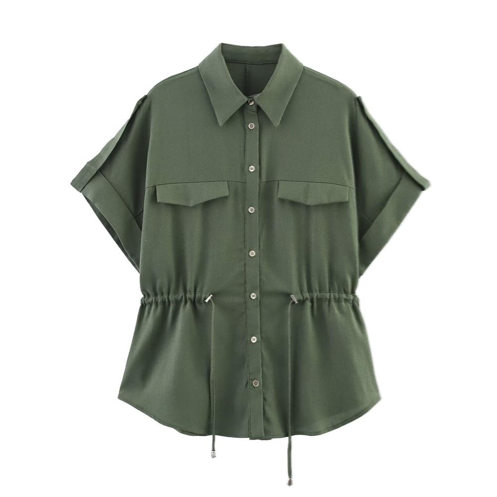 2025 Spring/Summer Women's Slim Fit Lapel Shirt with Tie-Up Decoration