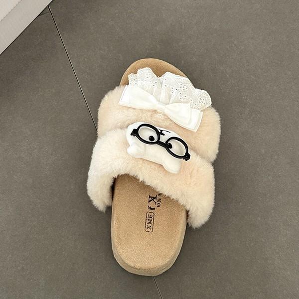 Bear lace bow girl fluffy slippers outer wear autumn and winter cute cartoon thick-bottomed indoor one-word slippers