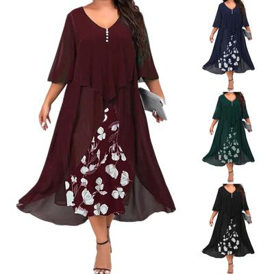Long Dress Half Sleeves Chiffon Splicing V Neck Loose Waist Swing Large Hem Elegant Floral Print Women Maxi Dress for Autumn