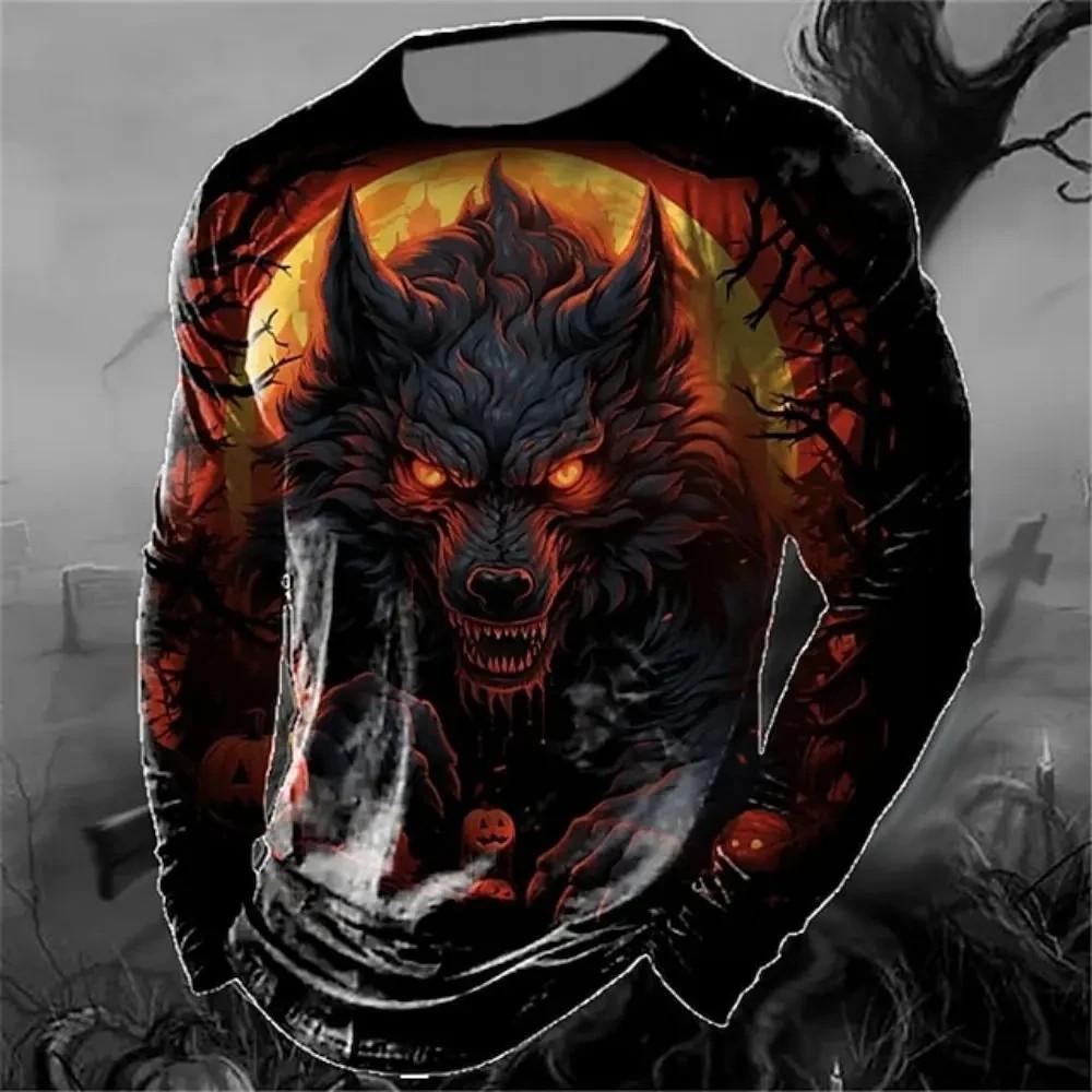 Men's Spring And Autumn Personality Retro Animal Wolf 3d Printed Round Neck Long Sleeve T-Shirt Casual Loose Breathable Jumper