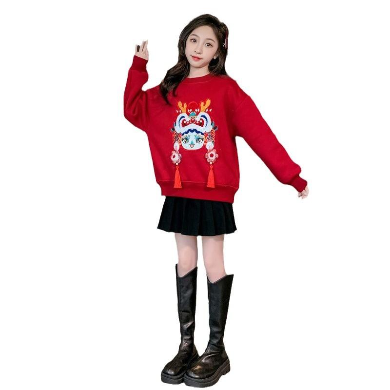 Girls Red Fleece Sweatshirt Embroidered Round Neck Warm Winter Top For 12 Year Old Chinese New Year Zodiac Gift