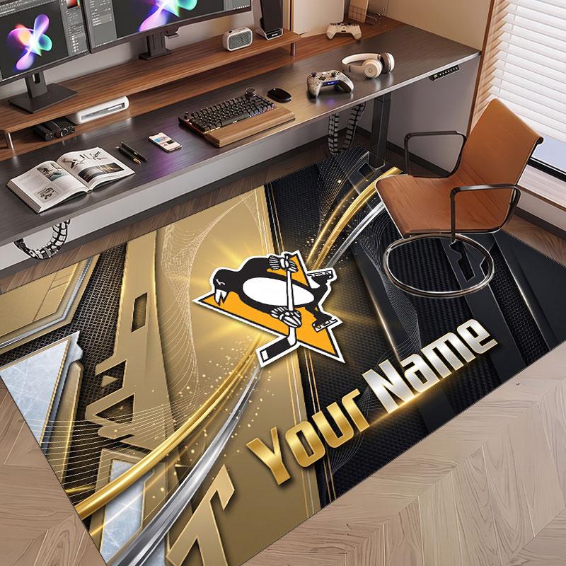 Custom Rug Pittsburgh Penguins Pattern Print Name Text Soft Non‑Slip Floor Carpet for Home Indoor Decoration