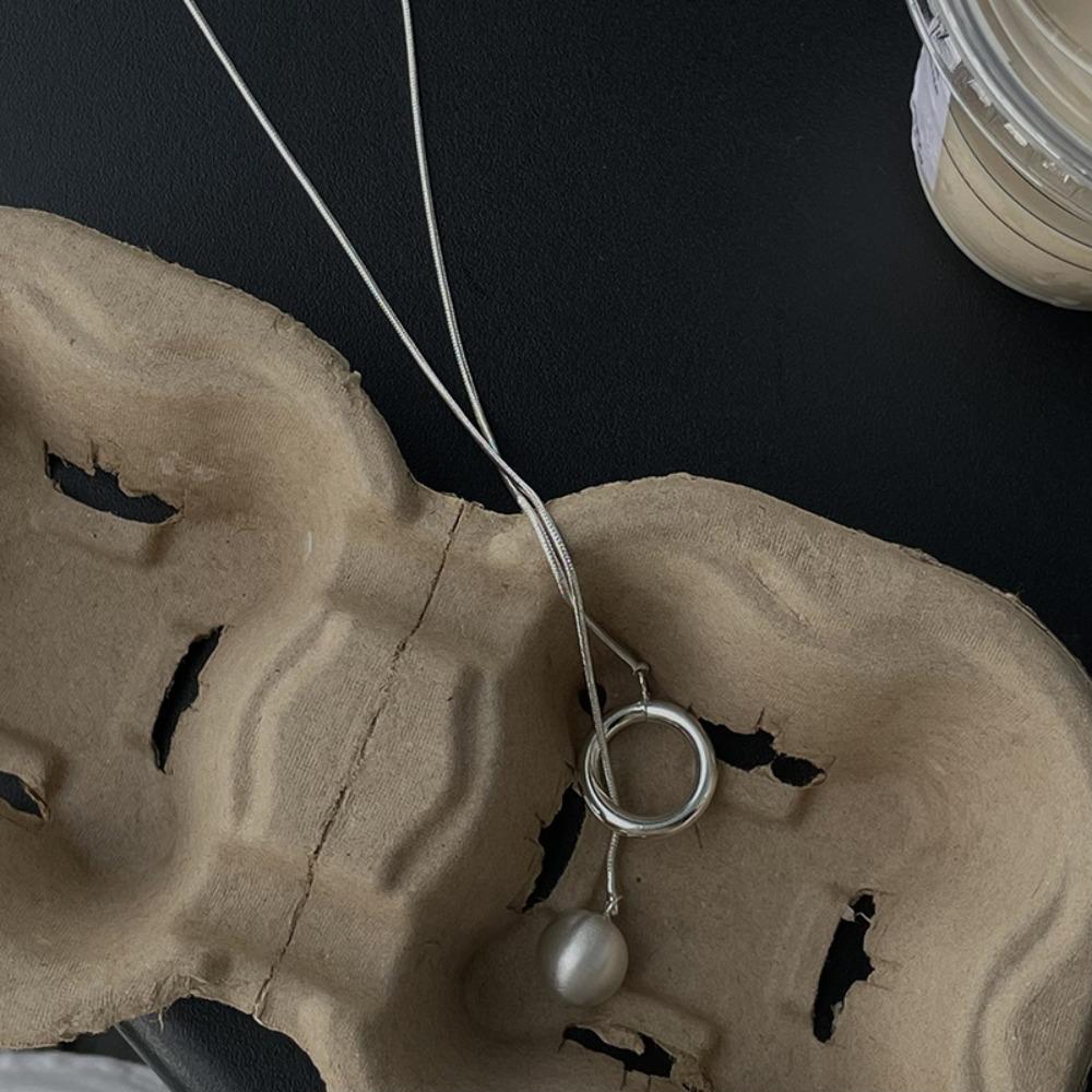 Geometric Shape Brushed Round Ball Necklace Minimalist Silver Bead Necklace  Daily Wear