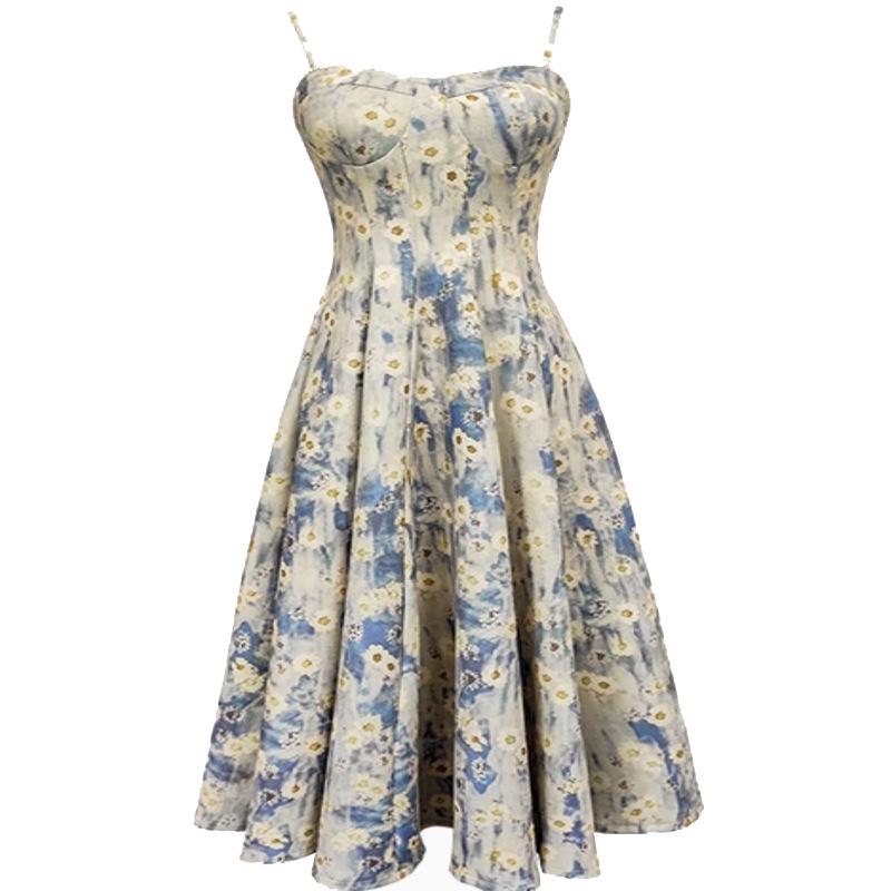 Women's French Blue Floral Strappy Maxi Dress & Waist-Cinched Skirt Cardigan Set - New Arrival for Spring/Summer 2026.