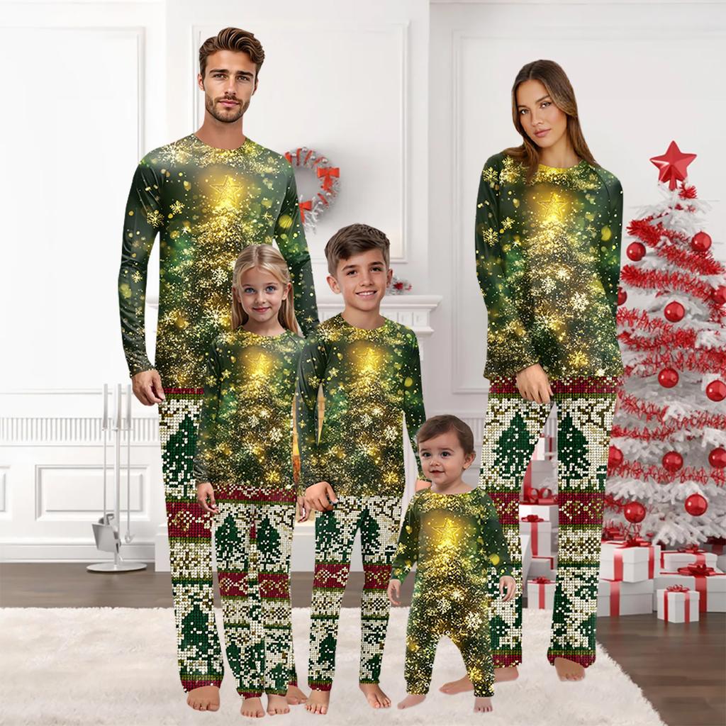 Juleprint Familieantrekk Langermet Topp + Buksesett Familieantrekk