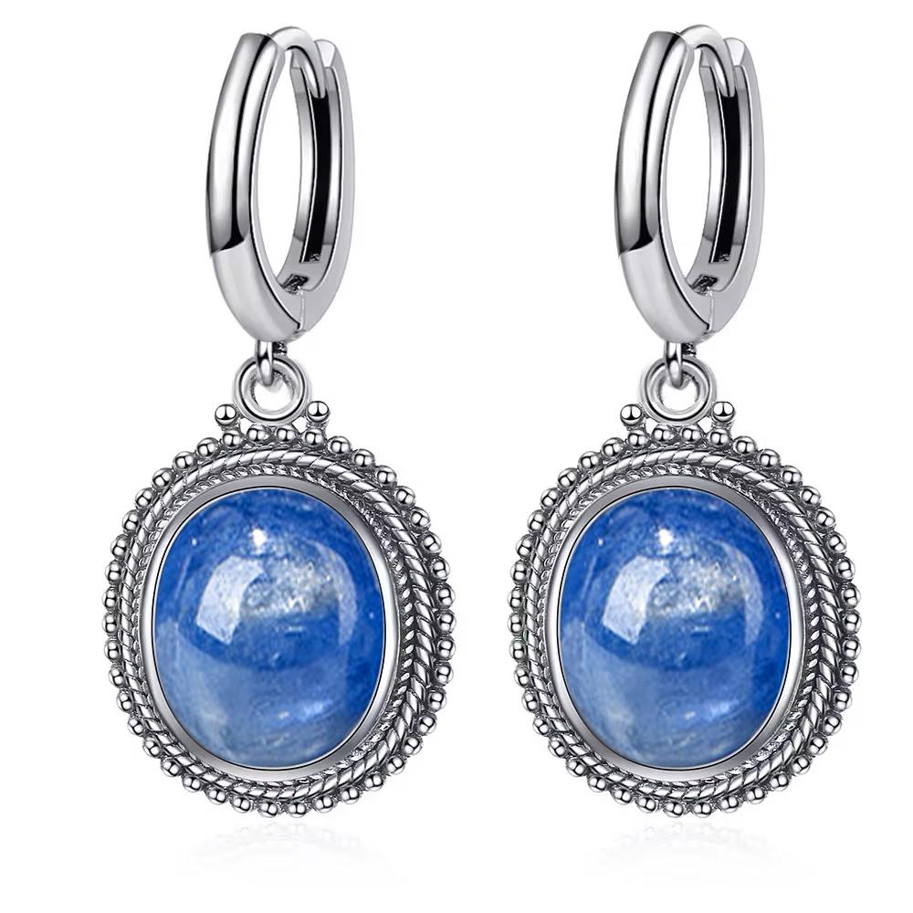 Vintage 925 Silver Natural Labradorite Earrings with Blue Light 10*12mm Big Stone Hoop Earrings Fine Jewelry for Women