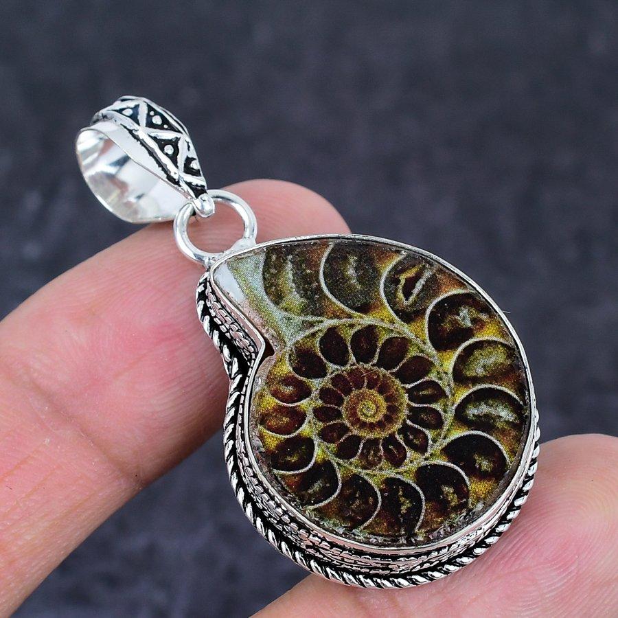Ammonite Fossil Gemstone Handmade 925 Sterling Silver Jewelry Pendant 1.97" C1j78