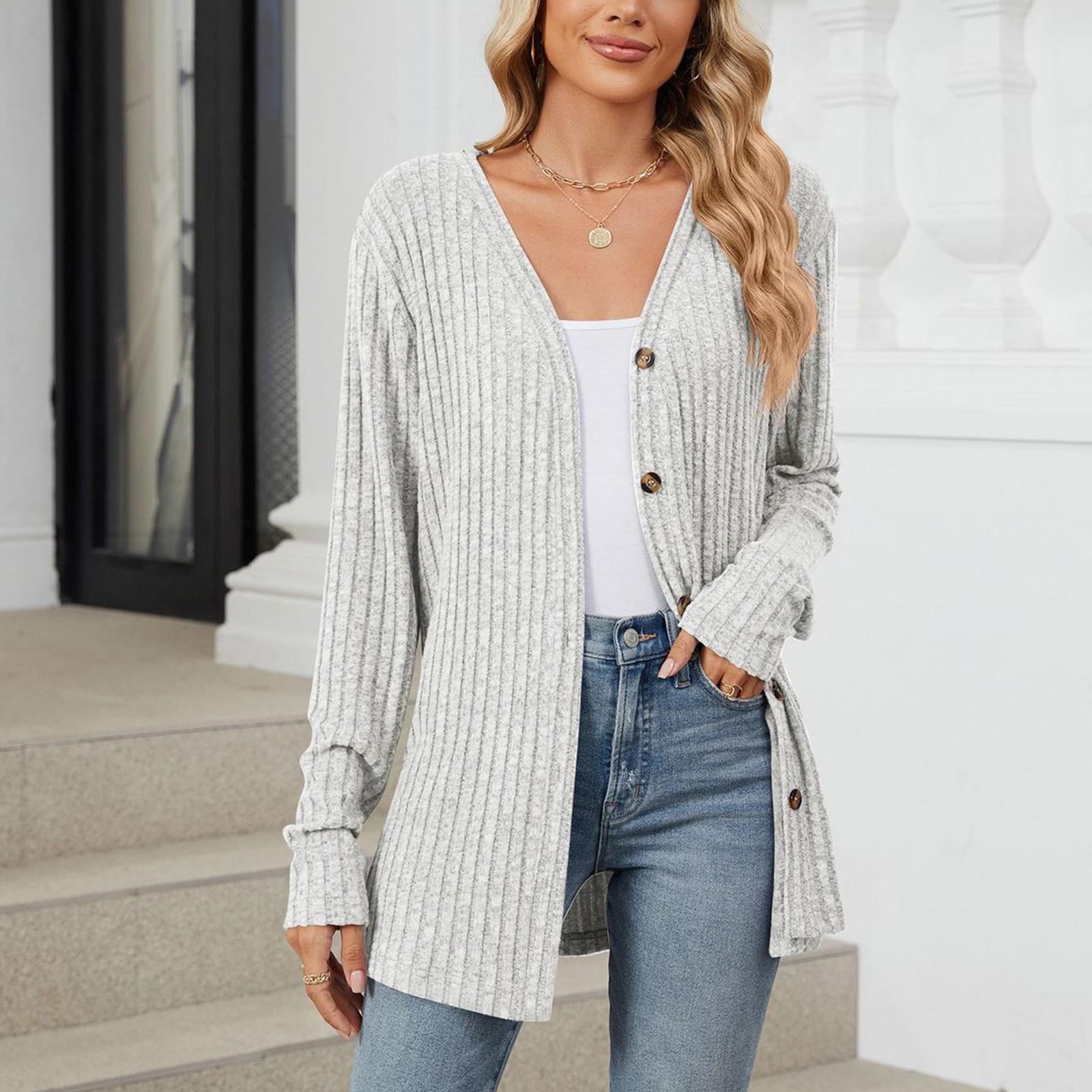 

Женская модная повседневная однотонная куртка-кардиган на пуговицах с длинными рукавами L светло-серый