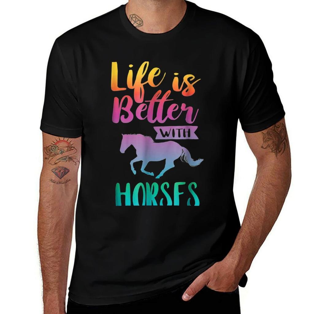 Cute Life Is Better With Horses Horseback Riding Tshirt Large Size Casual Short Sleeve Top