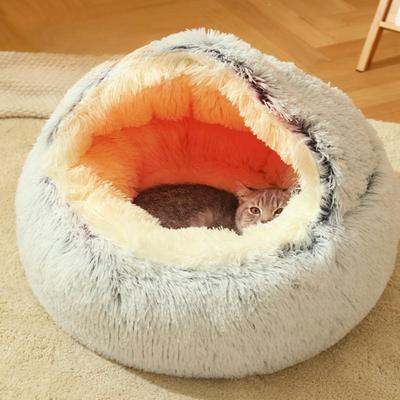 Rundes Katzenkissen, halbgeschlossener Schlafsack für Haustiere, lang, weicher Plüsch, 2-in-1, wärmt Katzenbetten, einfacher Komfort, warmes Schlafnest für Welpen