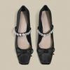 Soft Leather Version Chinese Bow Rhinestone Ballet Square Head Thick Heel Mary Jane High Heel Single Shoes Women's Cheongsam Skirt