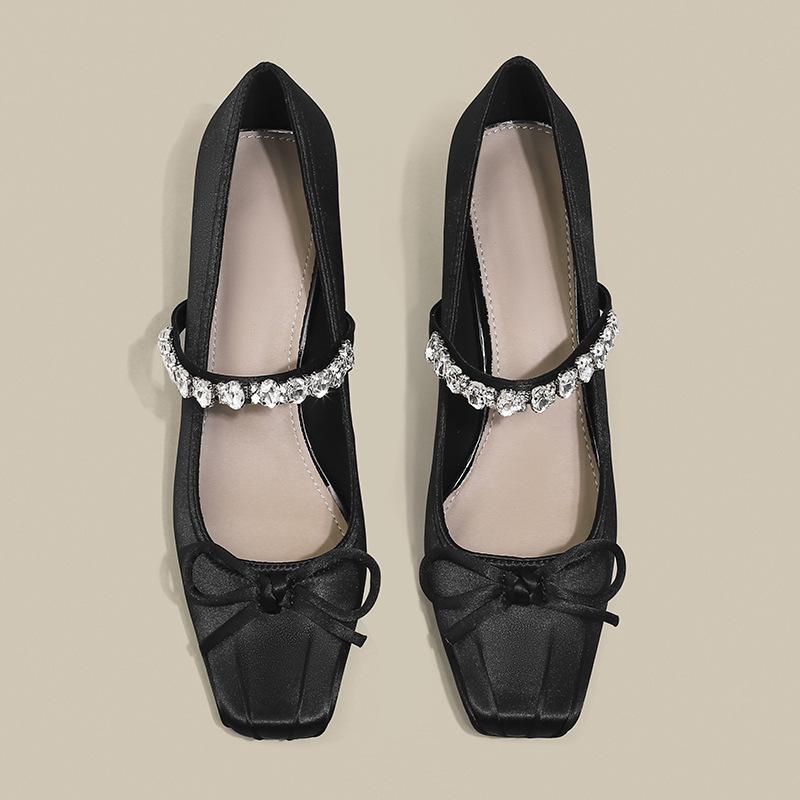 Soft Leather Version Chinese Bow Rhinestone Ballet Square Head Thick Heel Mary Jane High Heel Single Shoes Women's Cheongsam Skirt