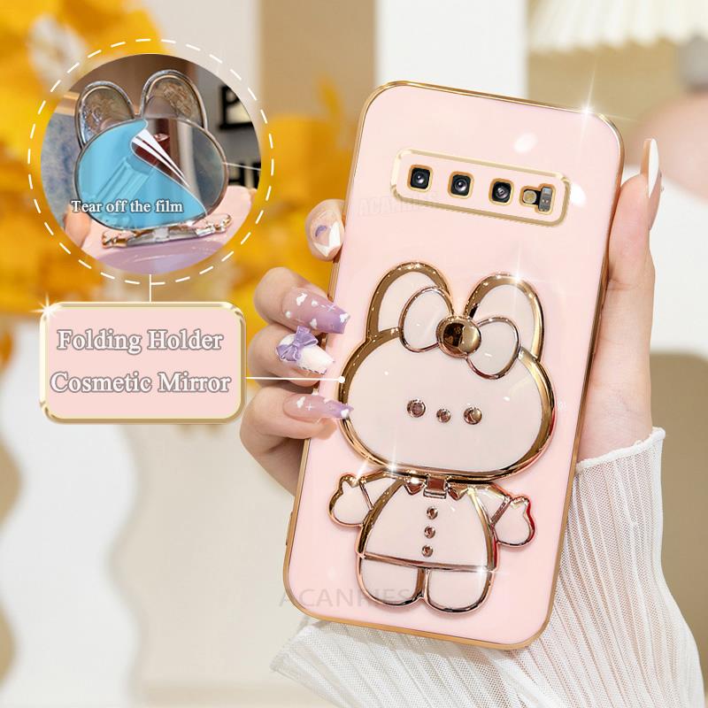 S 10 9 8 Luxury Plating Mirror Holder Case For Samsung Galaxy S10 S9 S8 Plus S10plus Note 8 9 10 20 Ultra Silicone Stand Cover