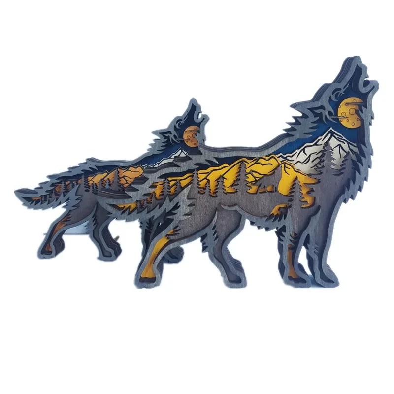 Wolf Totem Tre hul Jul Dyr Kreativitet Skrivebord Hjem Utskjæring Håndverk Dekor LED Stue Dekor Tilbehør