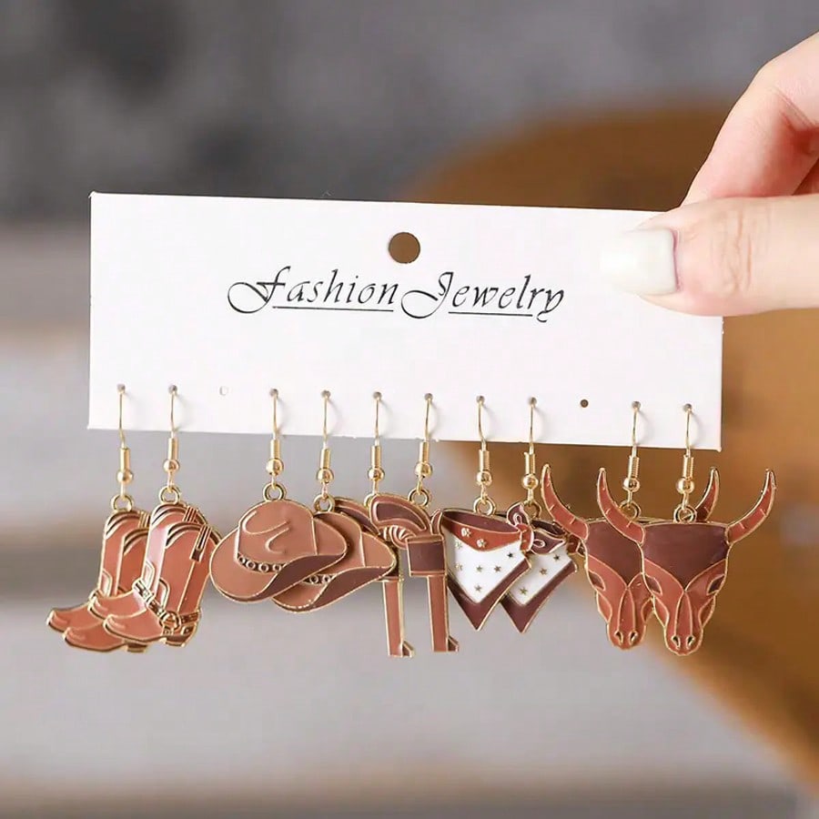 5pair / Set Western Charms Pendants Earrings Cowboy Cowgirls Series Boots, Hats, Pistols, Bull Heads, Scarves, Earrings Jewelry Gift