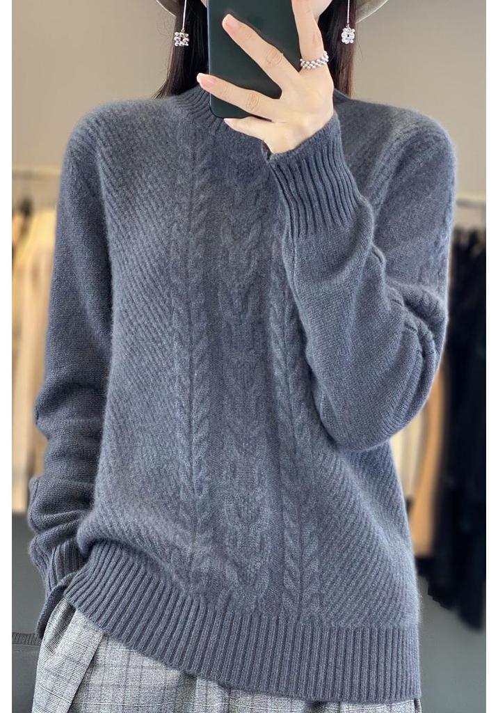 Chunky Knit Cable Wool Sweater - Half-High Neck, Textured, Elegant Autumn/Winter Outerwear