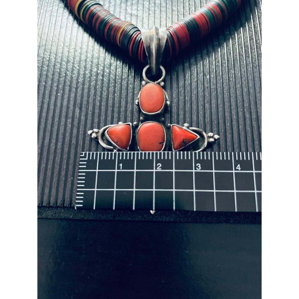 Used Navajo Silver Coral Cross Micarta Bead Necklace